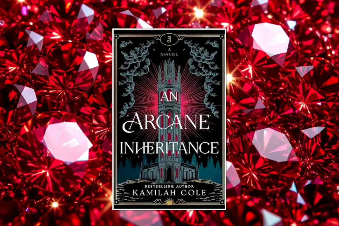An Arcane Inheritance by Kamilah Cole book cover surrounded by red jewels