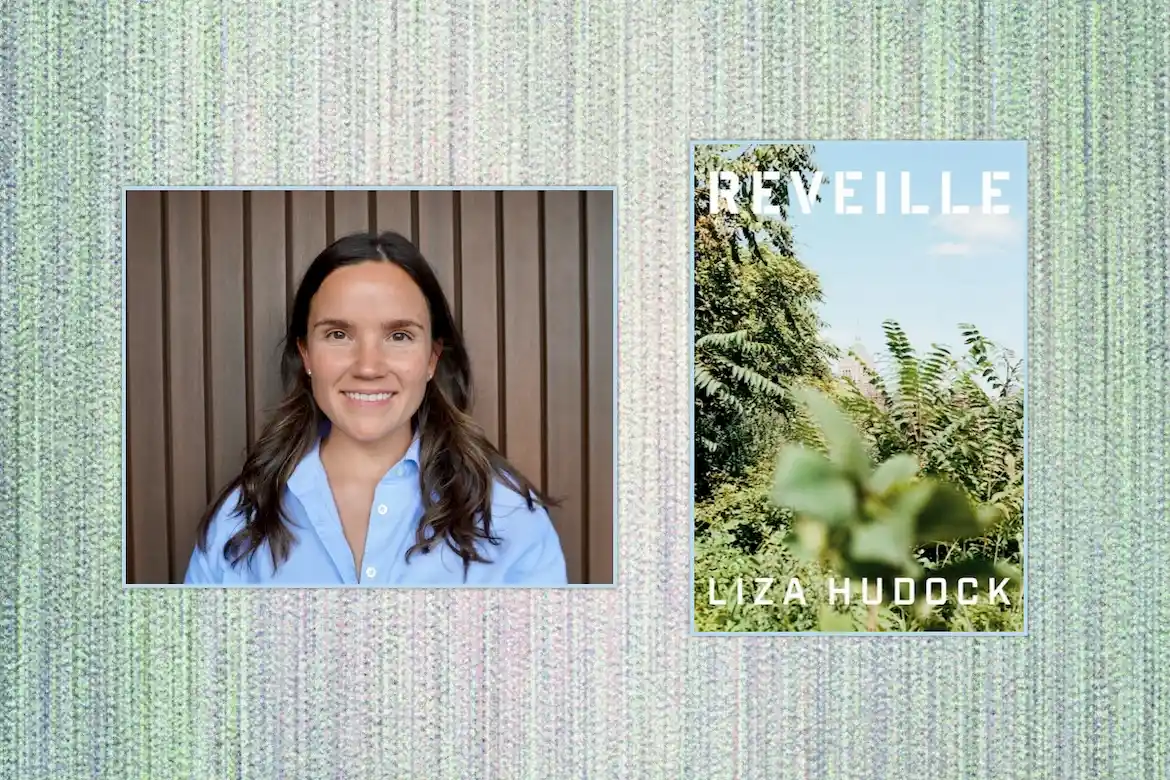 Reveille author Liza Hudock, a portrait of the author and the book cover