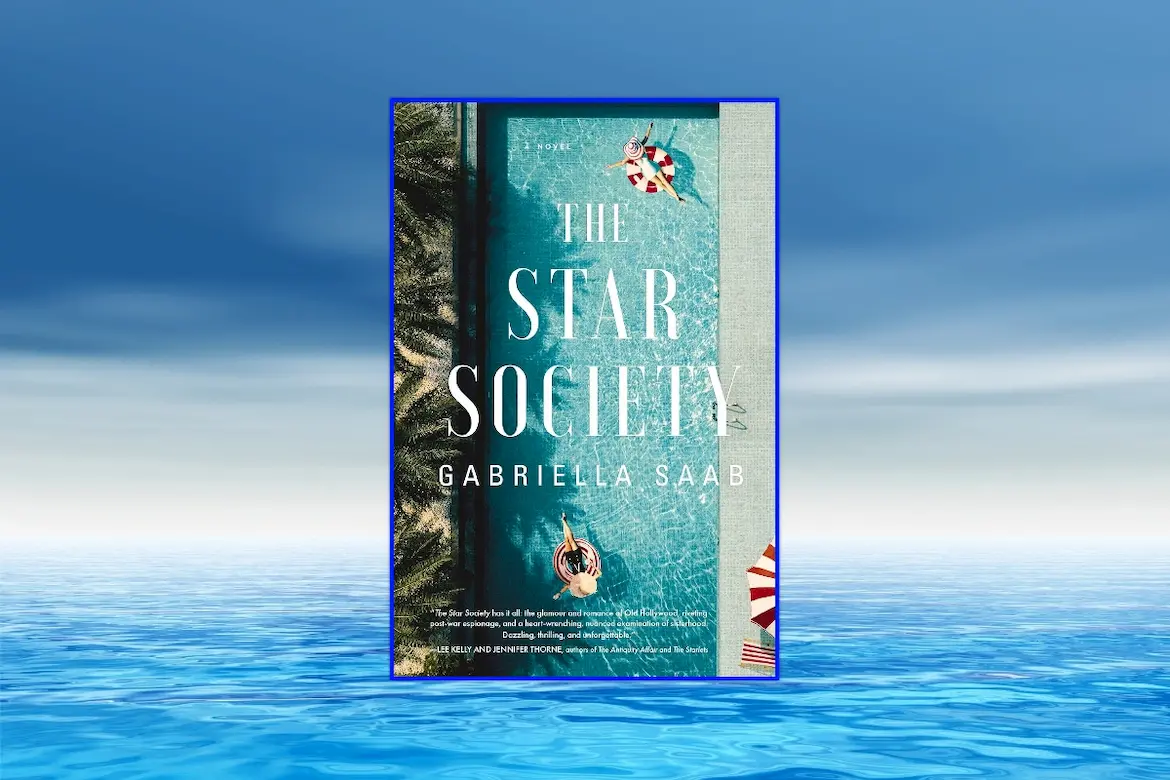 The Star Society by Gabriella Saab book cover a swimming pool scene two persons floating on candy cane colored inner tubes
