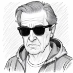 The American No The American No: Short Stories author Rupert Everett in a black & white caricature drawing with sunglasses and hoodie