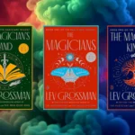 The Magicians Trilogy book covers in front of colorful smoke